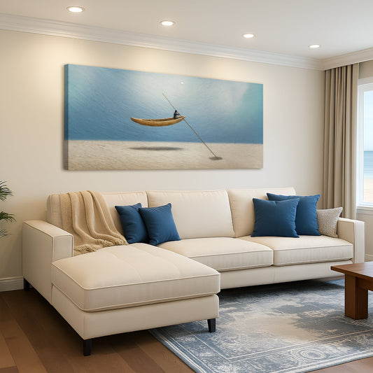 Wooden Boat on Still Blue Water canvas shown in a styled room setting, view 2