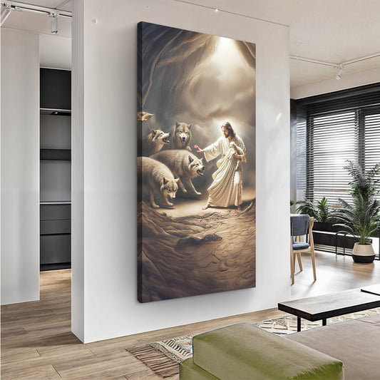 Jesus Holding a Lamb in a Shaft of Light canvas shown in a styled room setting, view 2