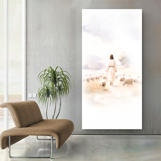 Watercolor Jesus and Flock Blush White canvas shown in a styled room setting, view 2