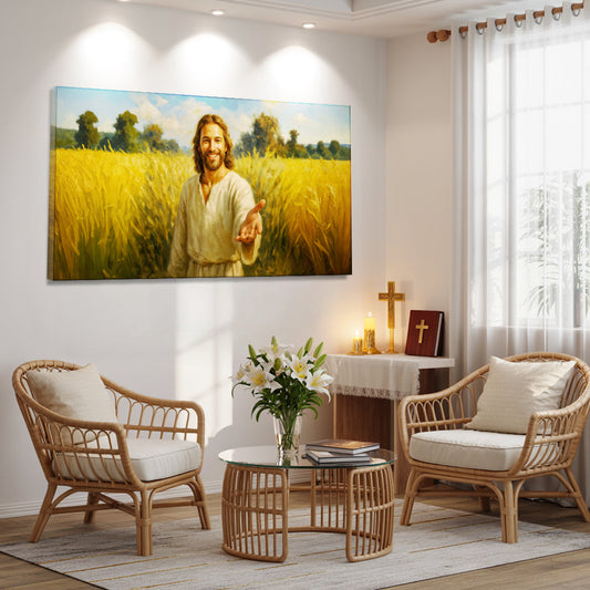 Smiling Jesus in a Golden Wheat Field canvas shown in a styled room setting, view 2