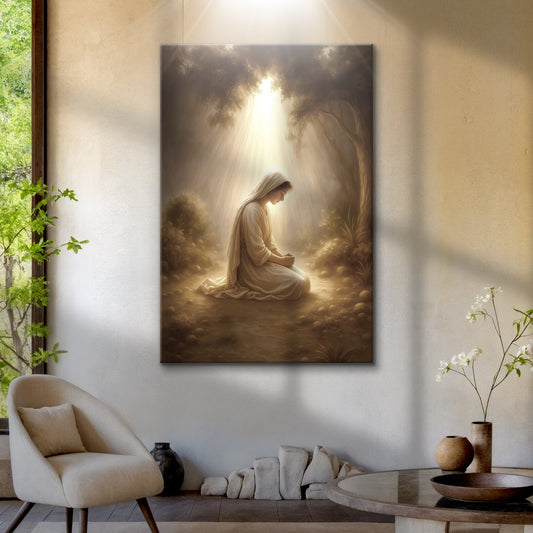 Mary Kneeling in Prayer Soft Glow canvas shown in a styled room setting, view 2