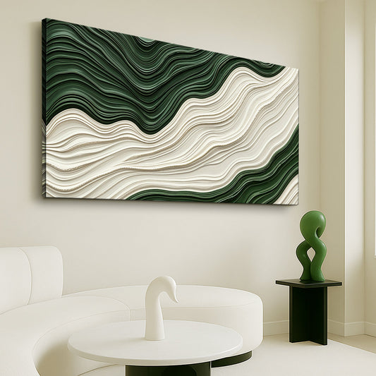 Dark Green and White Wave Stripe Abstract canvas shown in a styled room setting, view 2