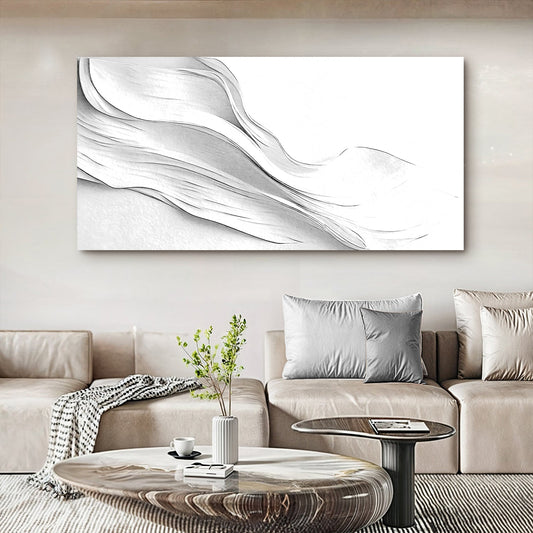White-on-White Swirl Minimalist Abstract canvas shown in a styled room setting, view 2