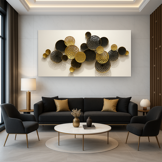 Black and Gold Lotus Leaf Discs canvas shown in a styled room setting, view 2
