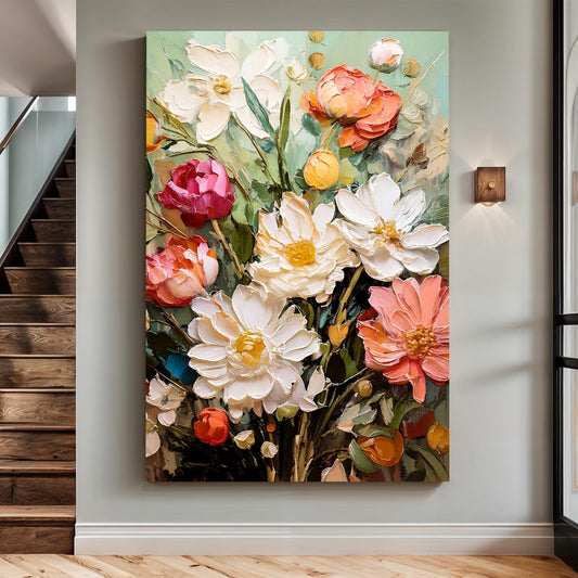 White and Coral Flower Bouquet canvas shown in a styled room setting, view 2