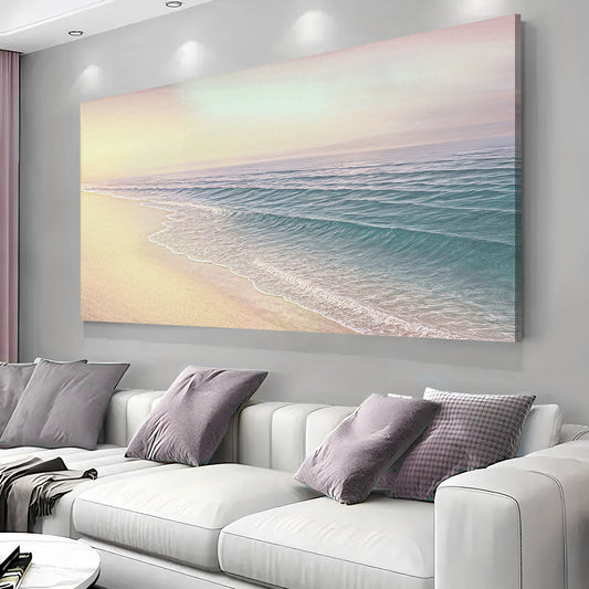 Pastel Pink Beach Shoreline canvas shown in a styled room setting, view 2