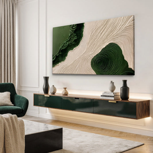 Emerald Green Waves Abstract canvas shown in a styled room setting, view 2