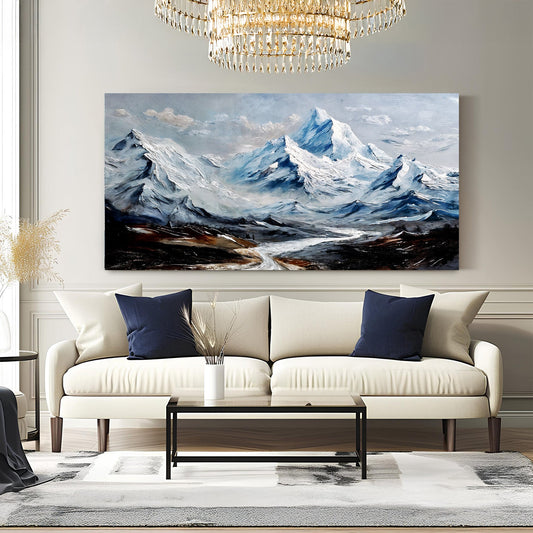 Snowy Mountains and a Winding River canvas shown in a styled room setting, view 2