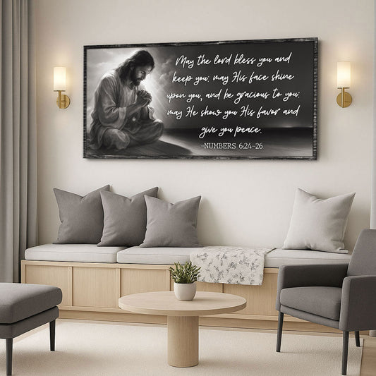 Numbers 6:24-26 Praying Jesus Dark Grey Blessing canvas shown in a styled room setting, view 2