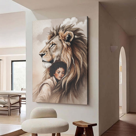 Lion and Girl Sepia Pencil Portrait canvas shown in a styled room setting, view 2