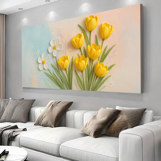 Yellow Tulips on Pastel Blue Panoramic canvas shown in a styled room setting, view 2