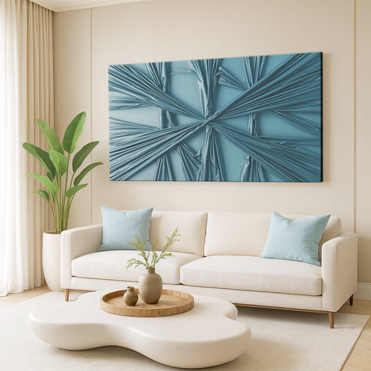 Pale Blue Radiating Folds Abstract canvas shown in a styled room setting, view 2