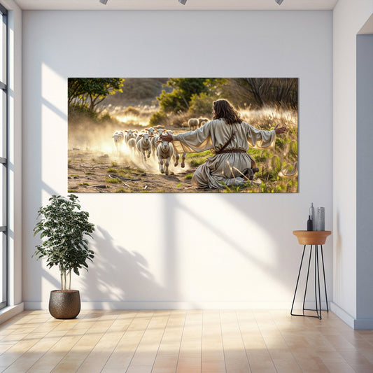 Jesus Welcoming His Flock Forest Clearing canvas shown in a styled room setting, view 2