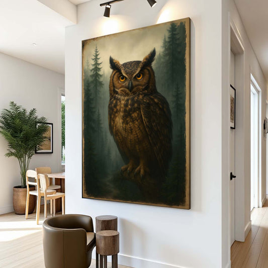 Horned Owl in a Misty Pine Forest canvas shown in a styled room setting, view 2