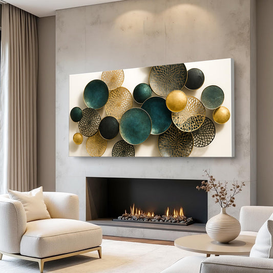 Teal and Gold Lotus Leaf Discs canvas shown in a styled room setting, view 2