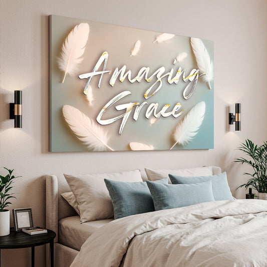 Amazing Grace Script With White Feathers canvas shown in a styled room setting, view 2