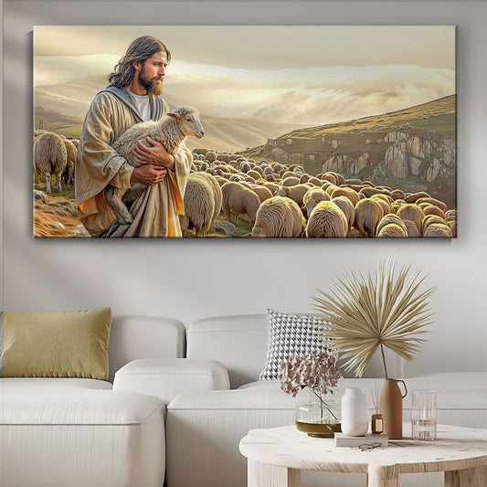 Jesus Holding a Lamb Mountain Valley canvas shown in a styled room setting, view 2