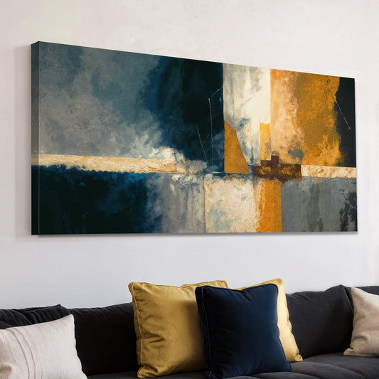 Navy and Gold Color Block Abstract canvas shown in a styled room setting, view 2