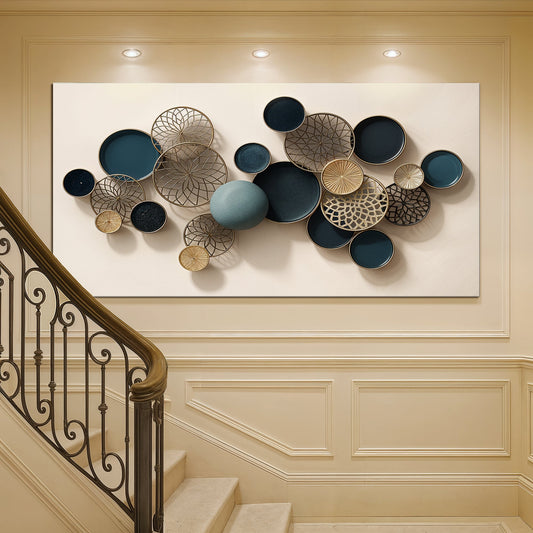 Navy and Cream Lotus Leaf Discs canvas shown in a styled room setting, view 2