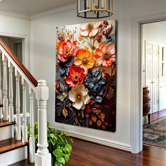 Bold Orange and Navy Flower Bouquet canvas shown in a styled room setting, view 2