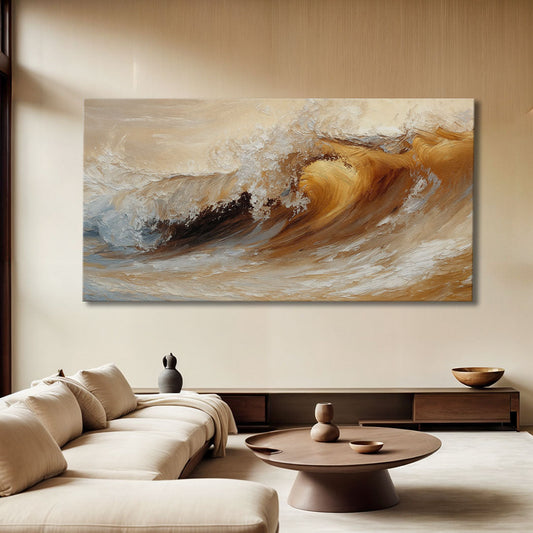 Golden Brown Curling Wave canvas shown in a styled room setting, view 2