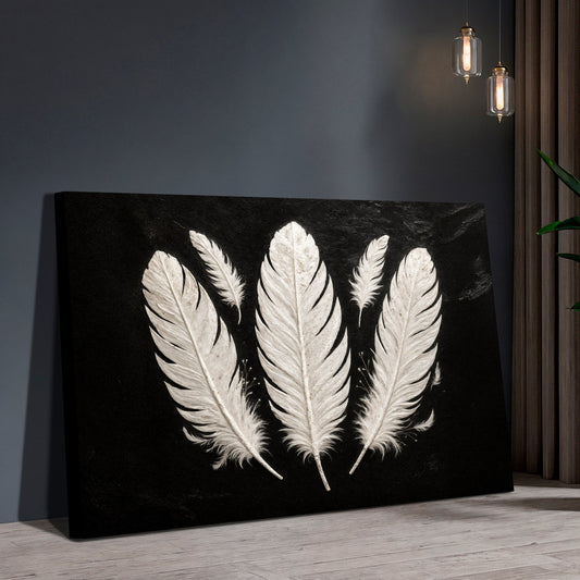Black and White Three Feathers Minimalist canvas shown in a styled room setting, view 2