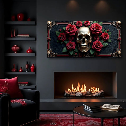 Golden Skull with Red Roses canvas shown in a styled room setting, view 2
