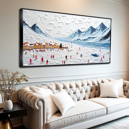 Skiers Below Snowy Blue Mountains canvas shown in a styled room setting, view 2