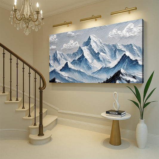 Snowy Blue Mountains Under Clouds canvas shown in a styled room setting, view 2