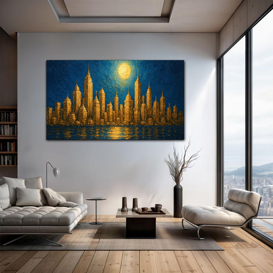 Golden Metropolis Cityscape Impasto Canvas Wall Art