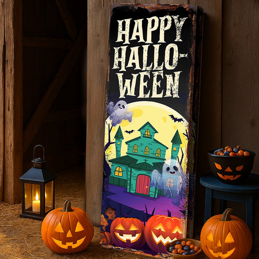 Tall haunted house Halloween canvas propped against a rustic wooden door with a lantern, straw and jack-o'-lanterns