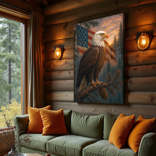 Bald Eagle Before the American Flag canvas shown in a styled room setting, view 2