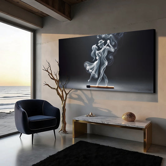 Smoke Couple Dancing on Black canvas shown in a styled room setting, view 2