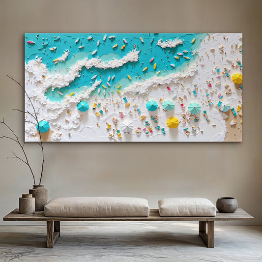Turquoise Sea and Pastel Umbrellas canvas shown in a styled room setting, view 2