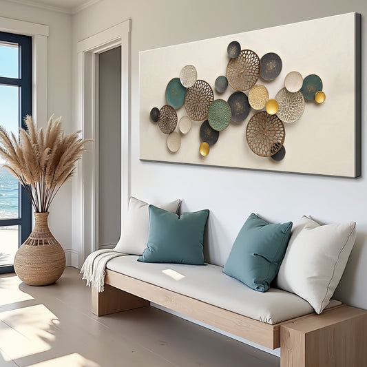 Sage and Gold Lotus Leaf Discs canvas shown in a styled room setting, view 2