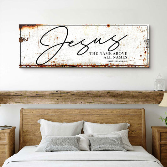 Jesus Name Above All Names Thin Script Sign canvas shown in a styled room setting, view 2