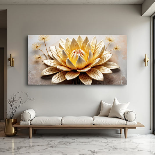 Golden Cream Lotus on Soft Grey canvas shown in a styled room setting, view 2