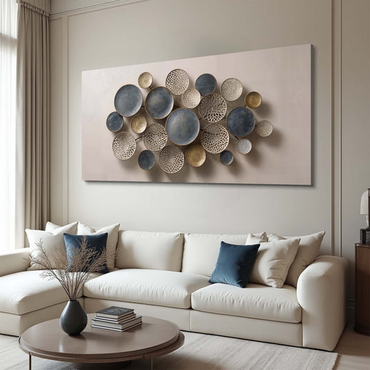 Taupe and Slate Lotus Leaf Discs canvas shown in a styled room setting, view 2