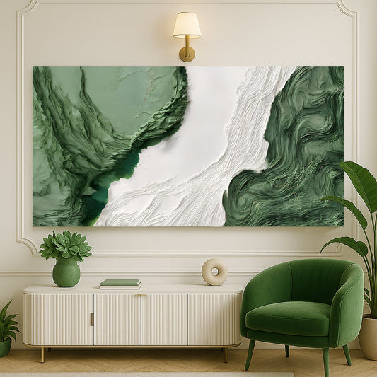 Sage and Forest Green River Abstract canvas shown in a styled room setting, view 2