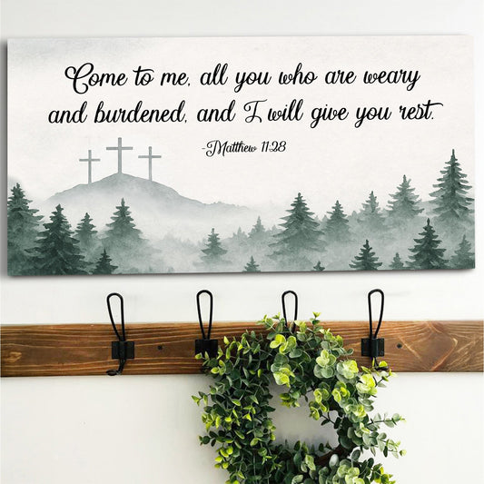 Matthew 11:28 Come to Me Three Crosses Forest canvas shown in a styled room setting, view 2