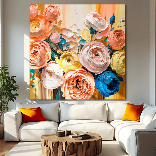 Coral, Peach and Blue Rose Bouquet canvas shown in a styled room setting, view 2