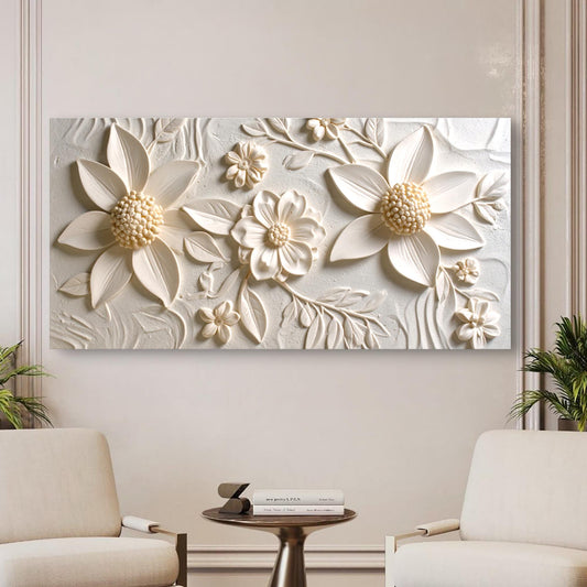 Cream Daisies With Gold Centers Panoramic canvas shown in a styled room setting, view 2