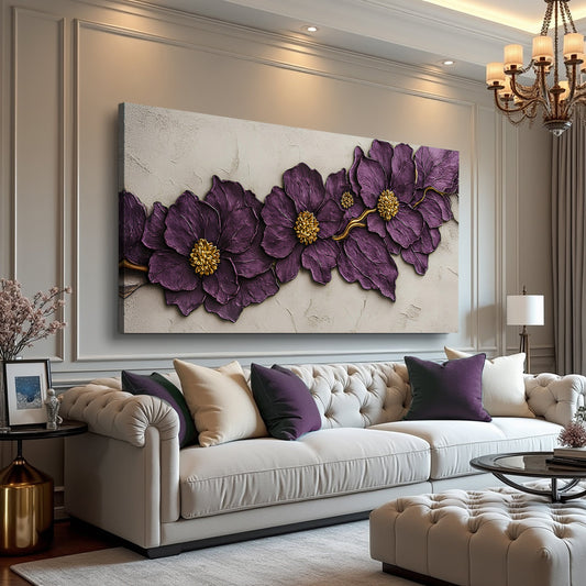 Purple Flowers with Gold Centers canvas shown in a styled room setting, view 2