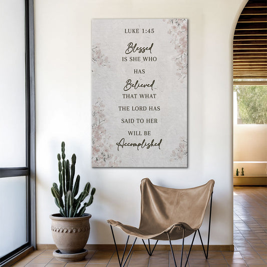 Luke 1:45 Blessed Is She Grey Linen-Look canvas shown in a styled room setting, view 2