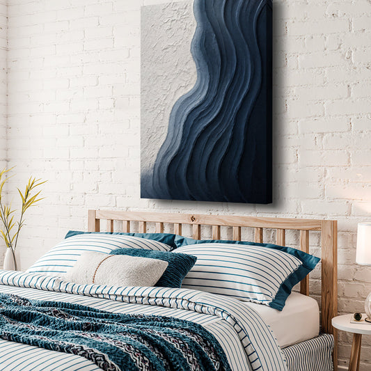 Navy and White Sweeping Wave Minimalist canvas shown in a styled room setting, view 2