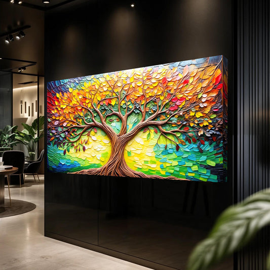 Tree of Life with Orange and Gold Leaves canvas shown in a styled room setting, view 2