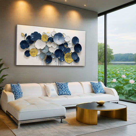 Navy and Gold Lotus Blossoms canvas shown in a styled room setting, view 2