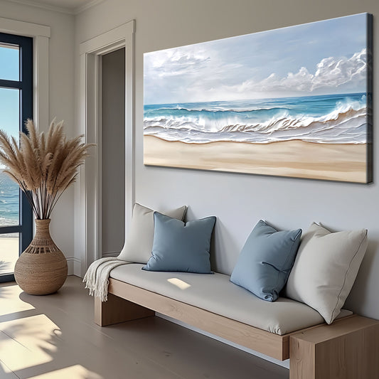 Blue Waves Under a Pale Sky canvas shown in a styled room setting, view 2