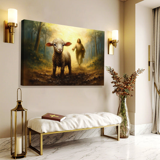 Jesus Seeking the Lost Lamb Forest Path canvas shown in a styled room setting, view 2
