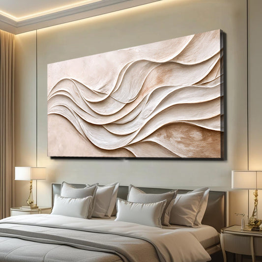 Cream and Taupe Flowing Lines Minimalist canvas shown in a styled room setting, view 2